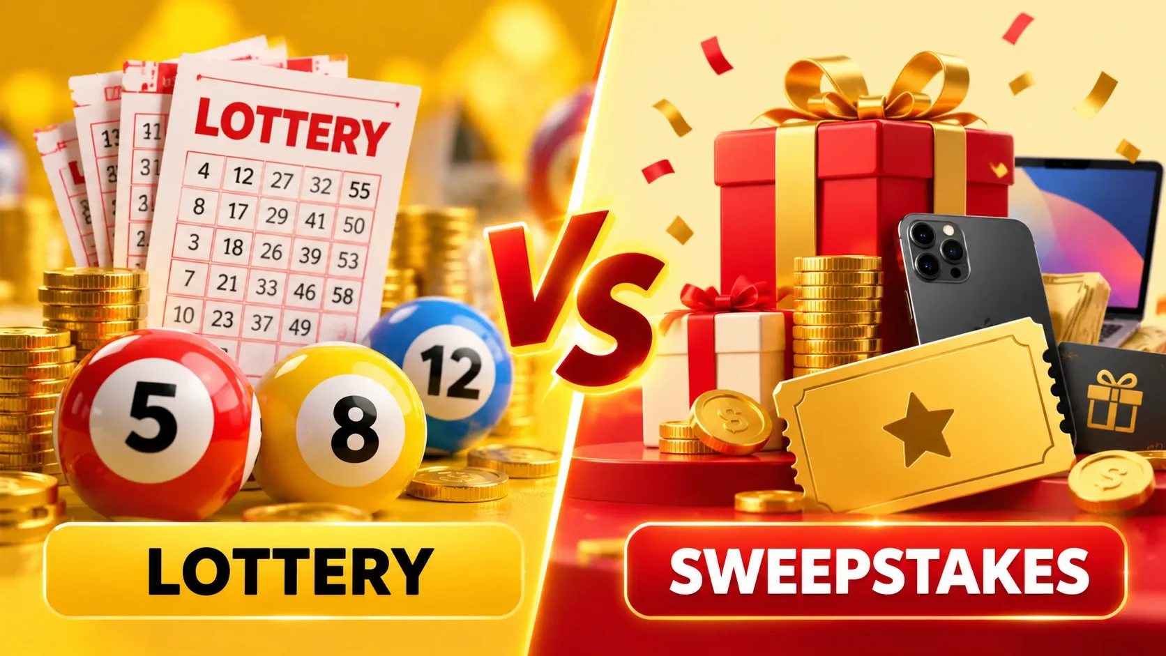 Lottery vs sweepstakes comparison featuring lottery tickets, numbered balls, gift boxes, and prizes in yellow and red.